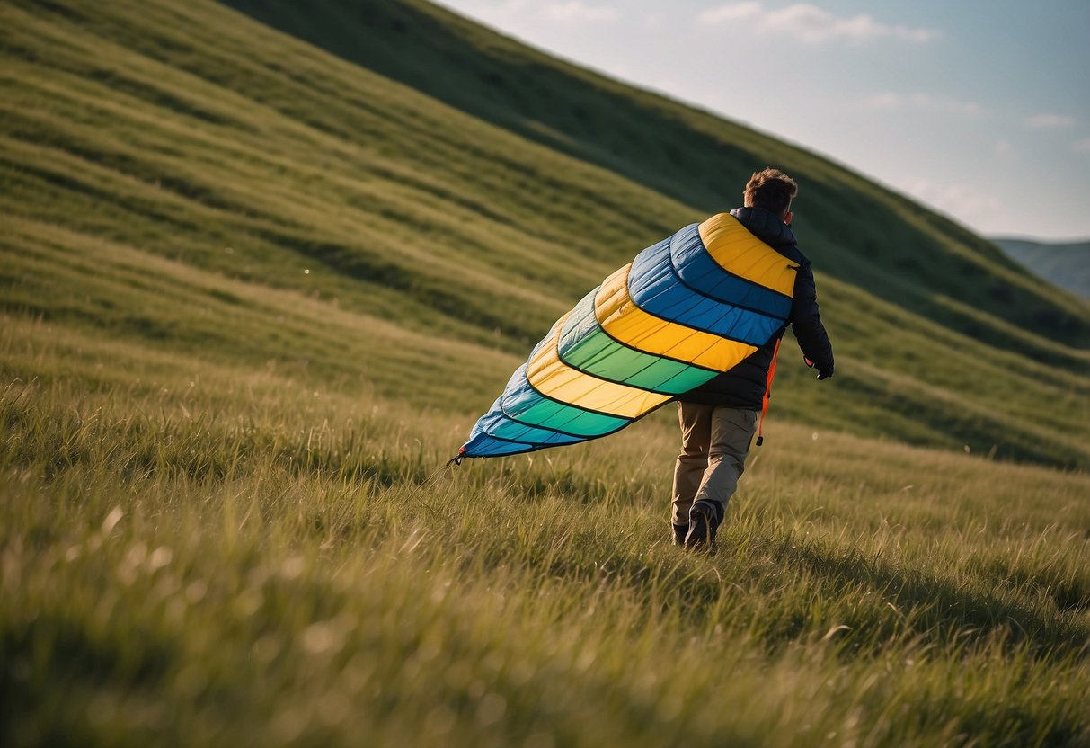 A colorful kite soaring in the sky, with a person wearing The North Face ThermoBall Eco Vest standing in a grassy field