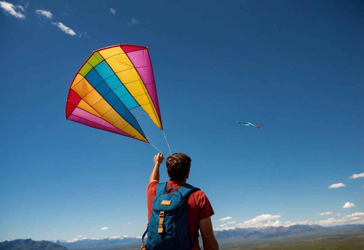 A colorful kite soars high in the clear blue sky, attached to a person wearing a Columbia Men's Steens Mountain Vest. The lightweight vest flaps gently in the breeze as the kite dances above