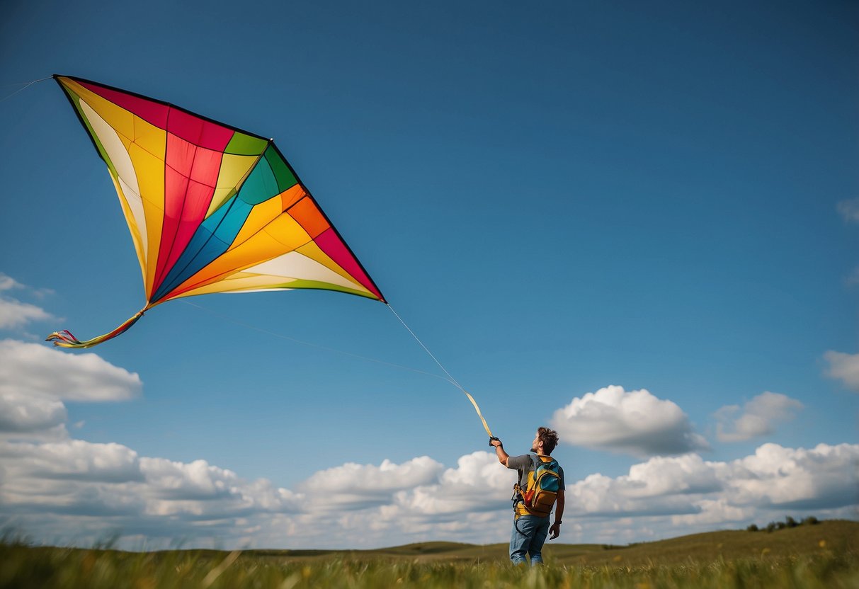 A colorful kite soars high in the sky, tethered to a person wearing a lightweight vest. The vest allows for freedom of movement and comfort while flying the kite