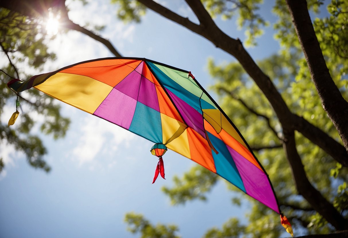 A colorful kite flying high in the sky, with a lightweight vest hanging on a nearby tree branch. The vest has multiple pockets and is made of breathable material