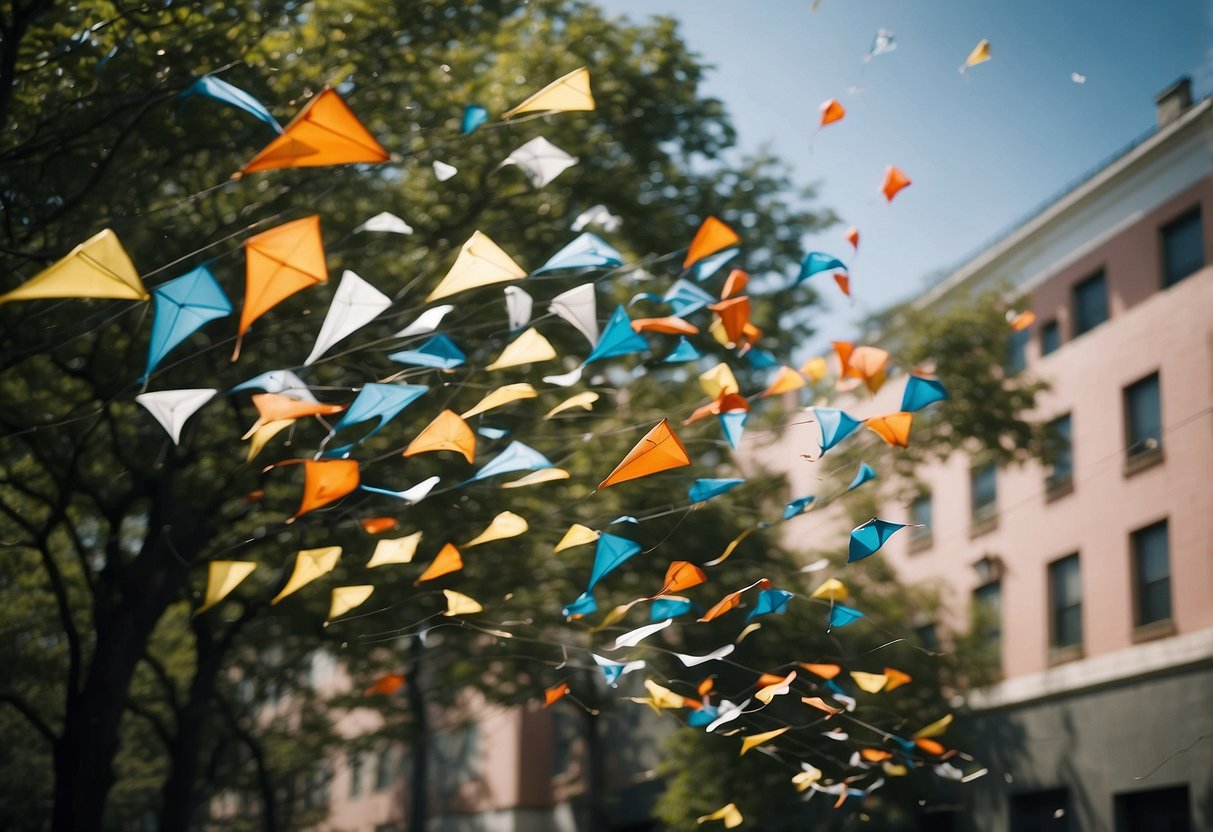 Kites tangled in trees, crashing into buildings, and lines getting twisted