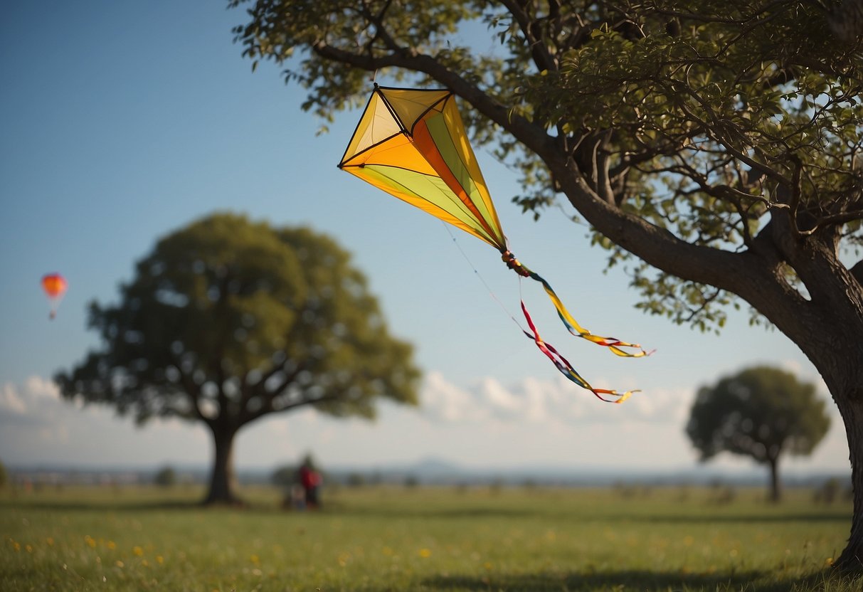 A kite tangled in a tree, while other kites fly smoothly in the background, depicting the consequences of not checking wind conditions