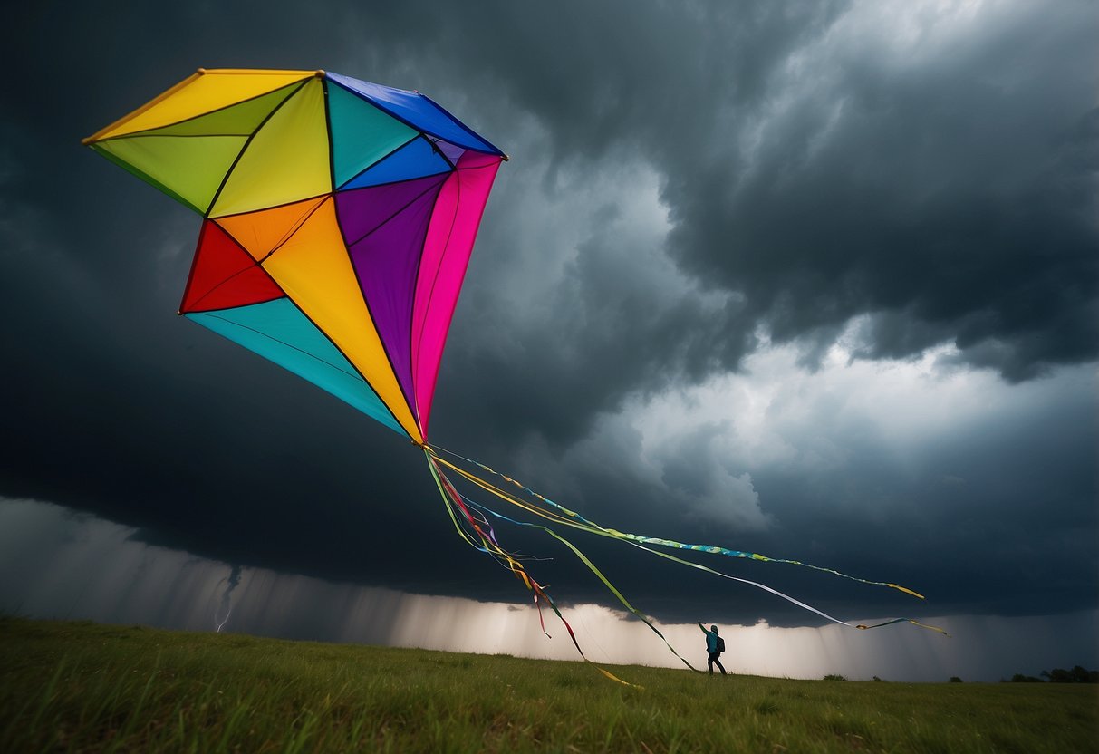 A colorful kite struggles against strong winds and dark clouds, lightning flashes in the distance. The kite is tangled in its own string, caught in the storm