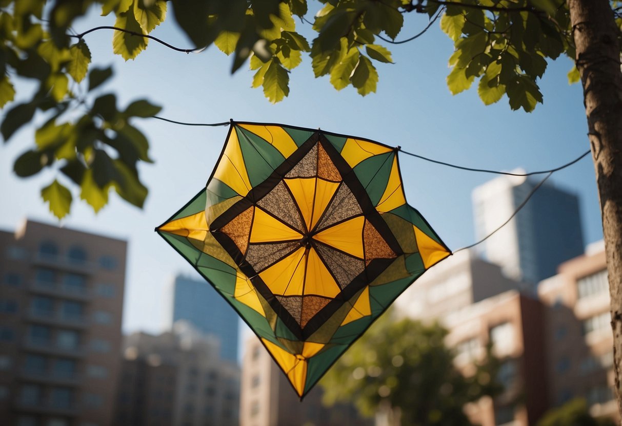 A kite stuck in a tree, surrounded by power lines and buildings. Wind is strong, but the location is unsuitable for flying