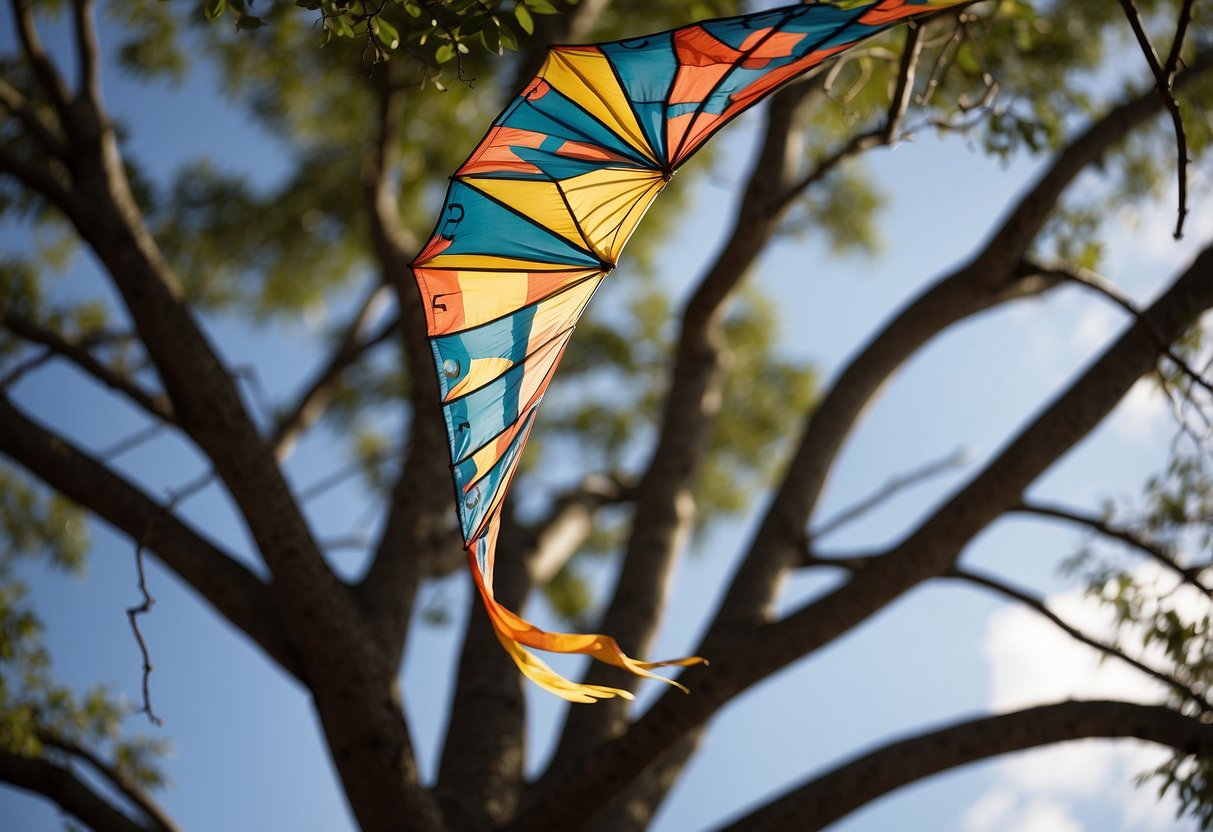 A kite tangled in a tree while other kites soar freely in the sky