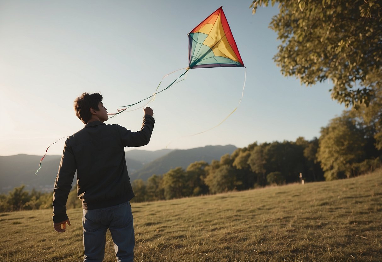 A person struggles to fly a kite with a tangled and improper reel, causing frustration and disappointment. The kite is stuck on the ground, and the person is unable to get it airborne