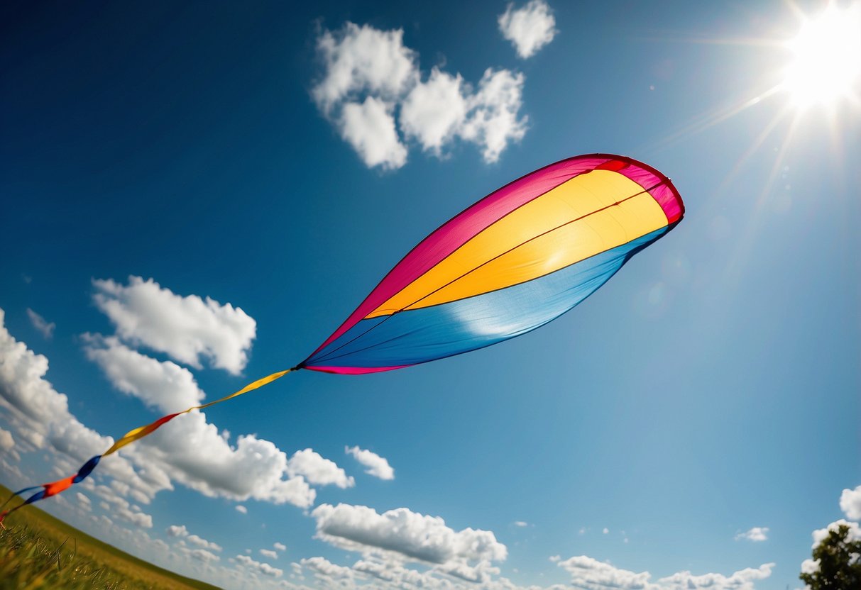 Bright, sunny day with clear blue skies. Kite flying high in the air, steady wind conditions. Avoid tangled strings and low-flying kites