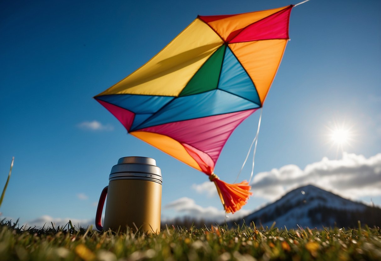 A colorful kite soars high against a bright blue sky, while a cozy scarf and hat lie nearby on the grass. A steaming thermos sits next to a pair of warm gloves, ready for a chilly day of outdoor fun