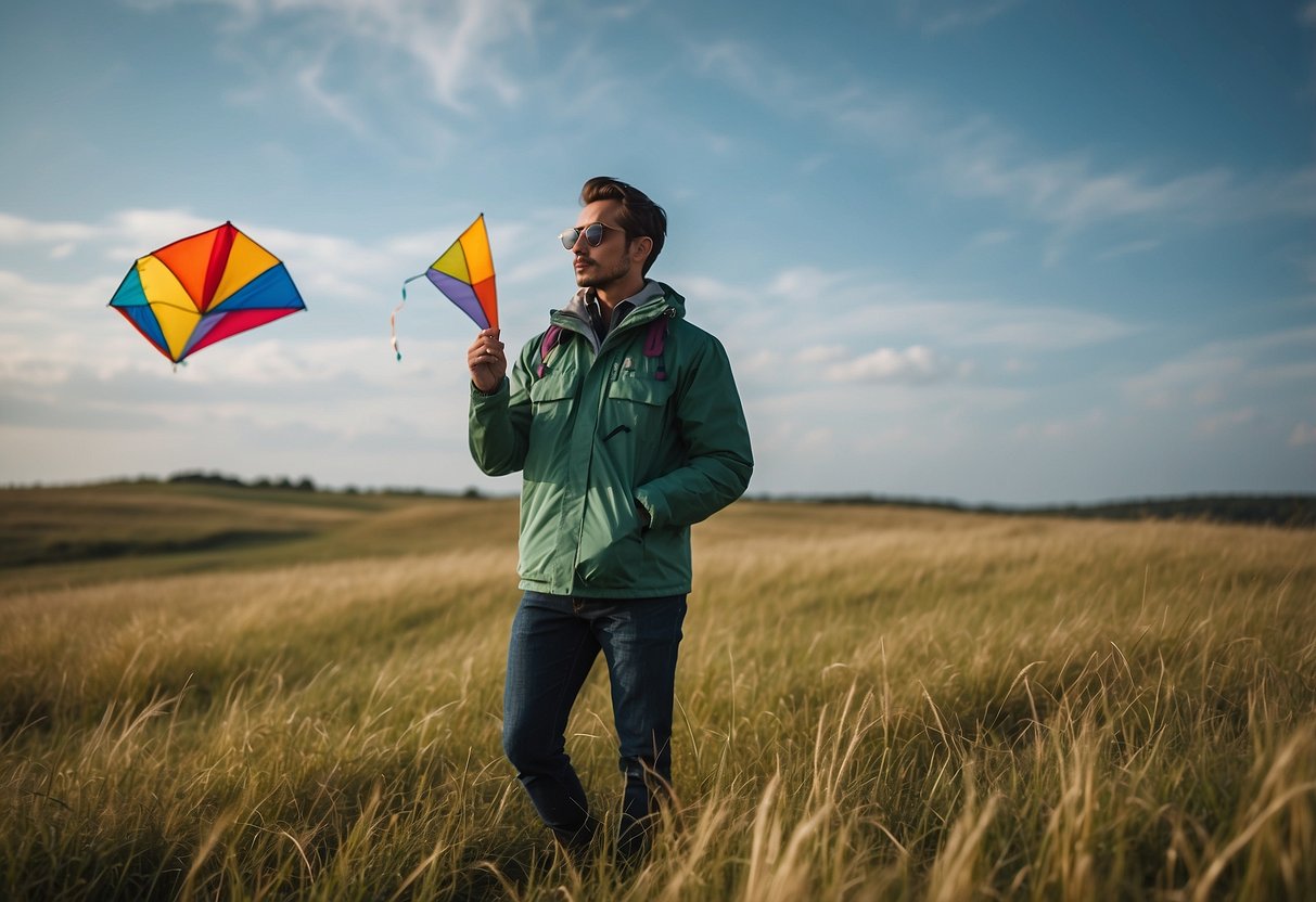 A figure in a windproof jacket stands on a grassy field, holding a colorful kite. The sky is clear, with a gentle breeze blowing