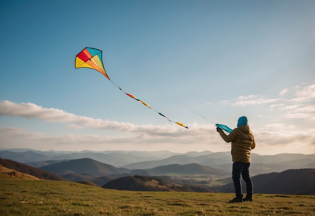 A figure wearing a neck gaiter, flying a kite in a chilly, windy setting with bright, colorful kites soaring in the sky