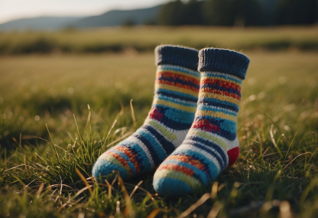 A pair of wool socks lying next to a colorful kite in a grassy field