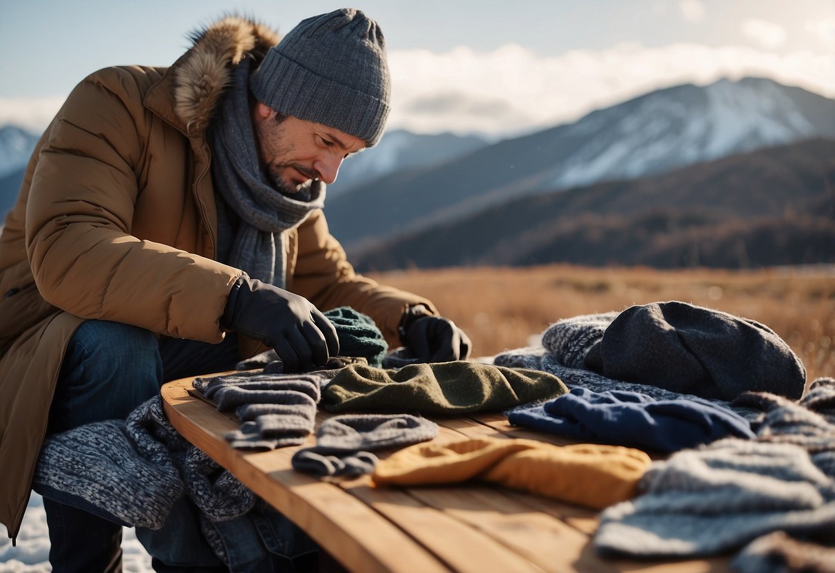 A person selecting warm clothing for kite flying in cold weather. Gloves, hat, jacket, and scarf are laid out on a table