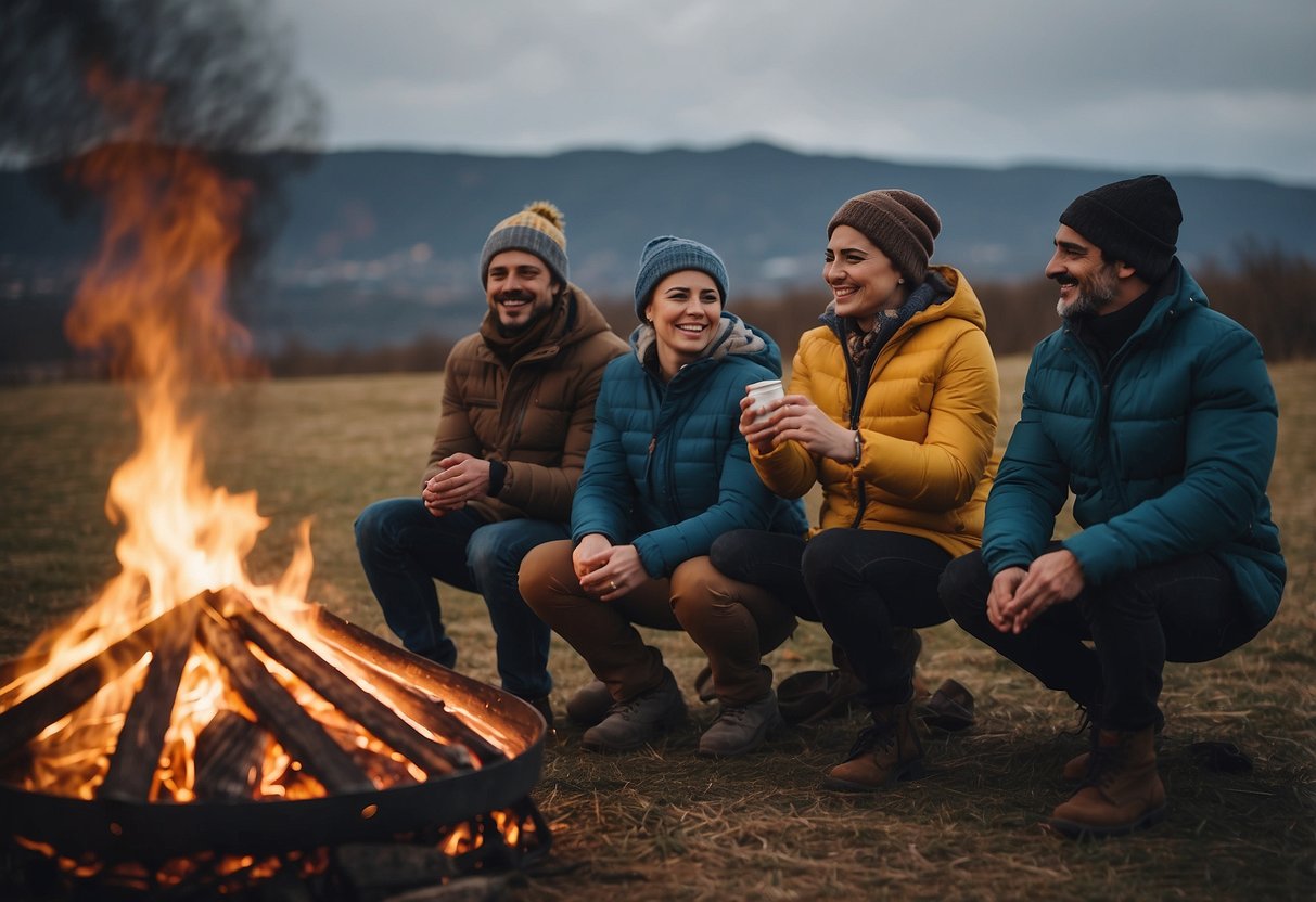 Kite flyers gather near a bonfire, stretching and doing jumping jacks. They wear layers and sip hot drinks to stay warm