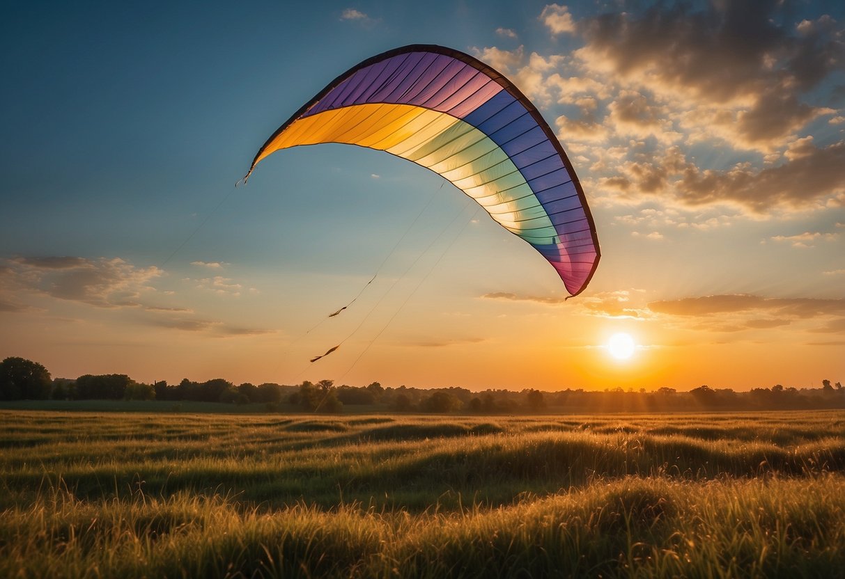 A colorful kite soars high above a grassy field, anchored by sturdy windbreaks and shelters. The sun sets in the distance, casting a warm glow over the scene