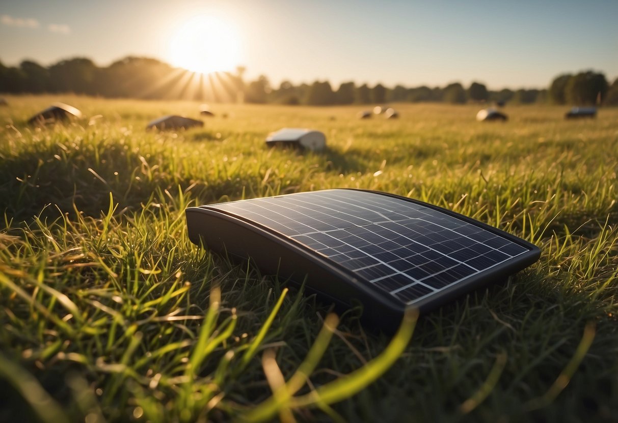 Bright sun over a grassy field with kites flying high. Five solar chargers sit nearby, powering up devices for the adventure