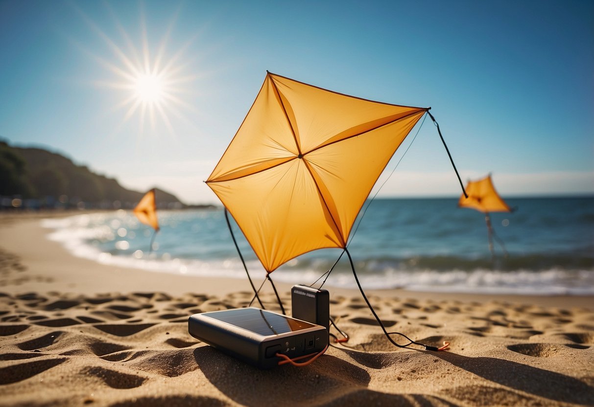 A sunny day at the beach with kites flying in the sky, while Anker PowerPort Solar Lite 5 chargers are set up to harness the sun's energy