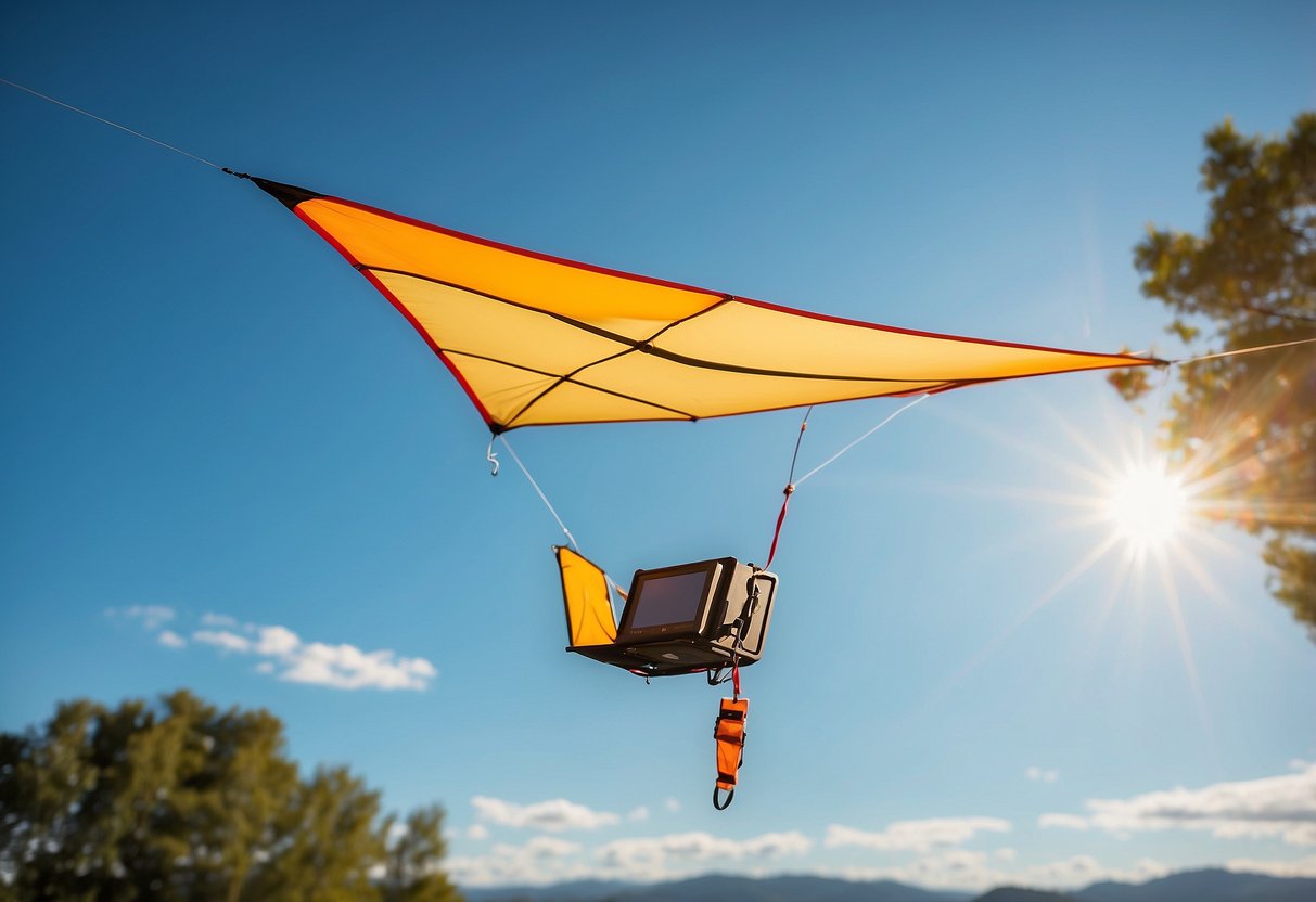 A bright, sunny day with a clear blue sky. A kite flying high in the air, attached to a Nekteck 21W Solar Charger