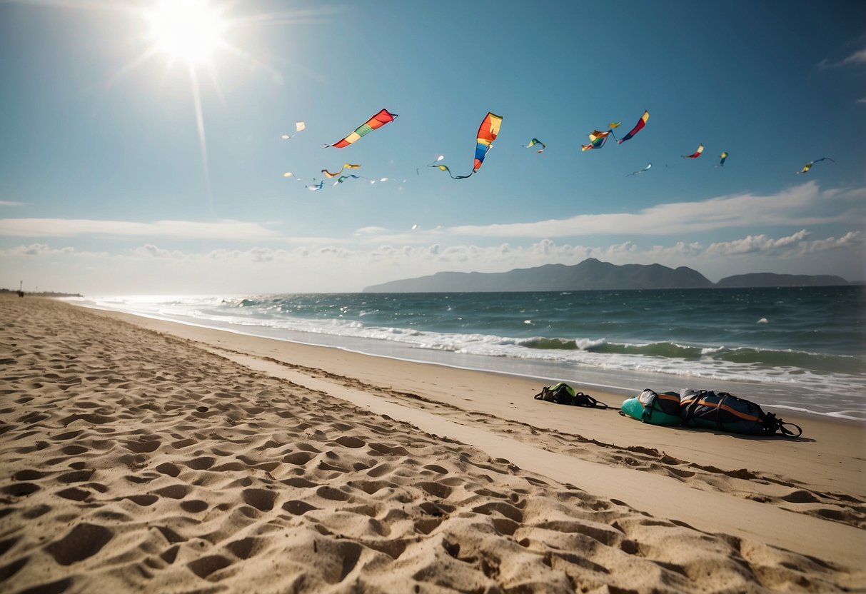 A sunny beach with kites flying in the sky, while solar chargers are set up to power electronic devices