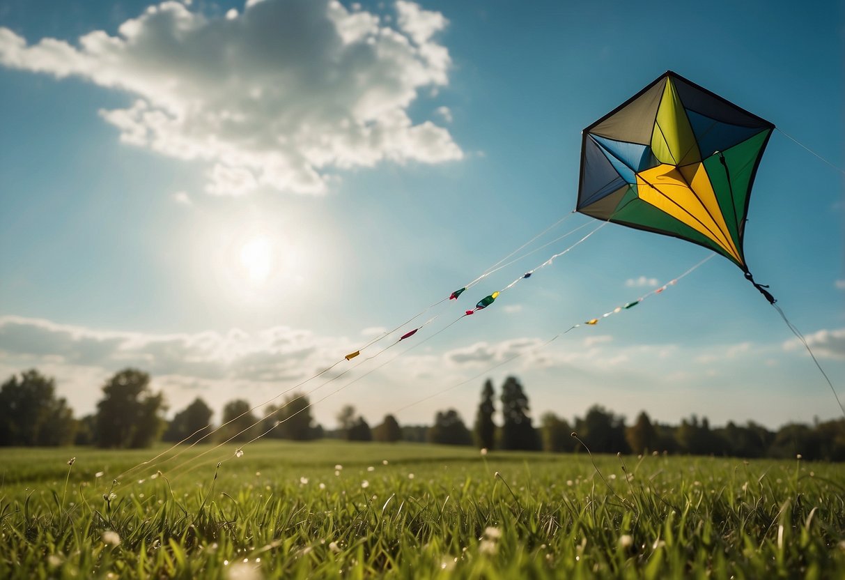 A bright, sunny day on a grassy field with a kite flying high in the sky. A solar charger is attached to the kite's string, soaking up the sun's rays to power the kite's electronics