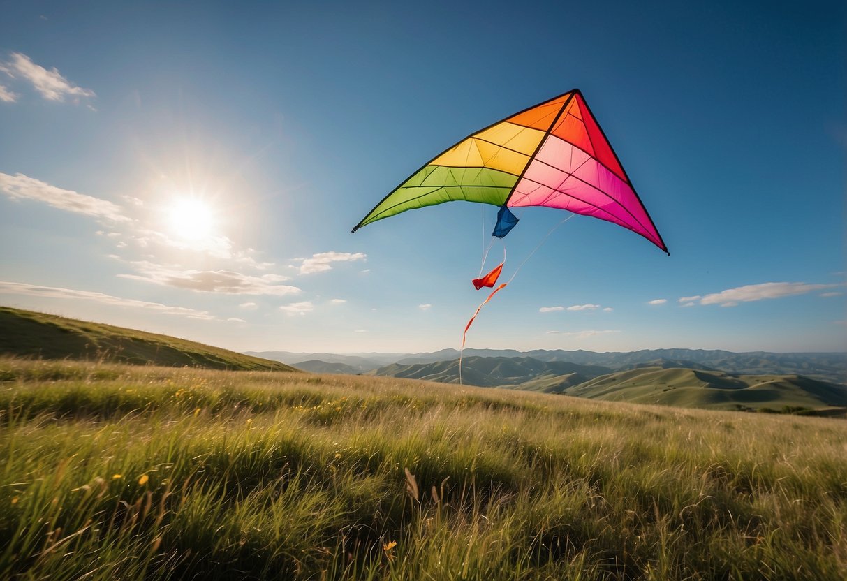 A colorful kite soars above a vast, grassy field with rolling hills in the background. The sun is shining, and there is a gentle breeze carrying the kite through the clear blue sky