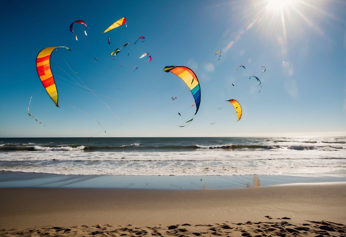 The sandy beach stretches out, with colorful kites soaring against the blue sky and crashing waves, creating a picturesque scene at Lincoln City Beach, Oregon