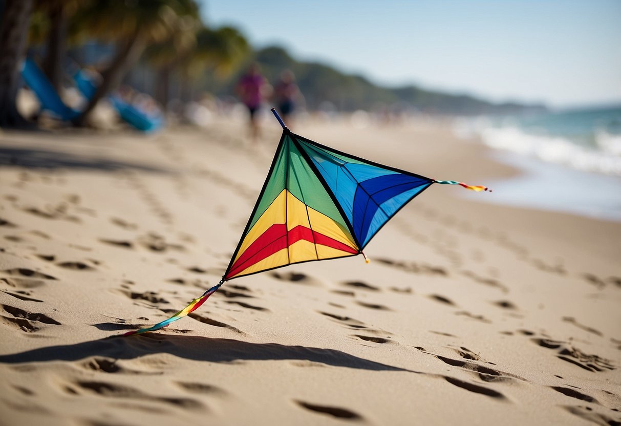 A colorful kite soars above the sandy beach at Smith Point County Park, with the sparkling waters of the Atlantic Ocean in the background