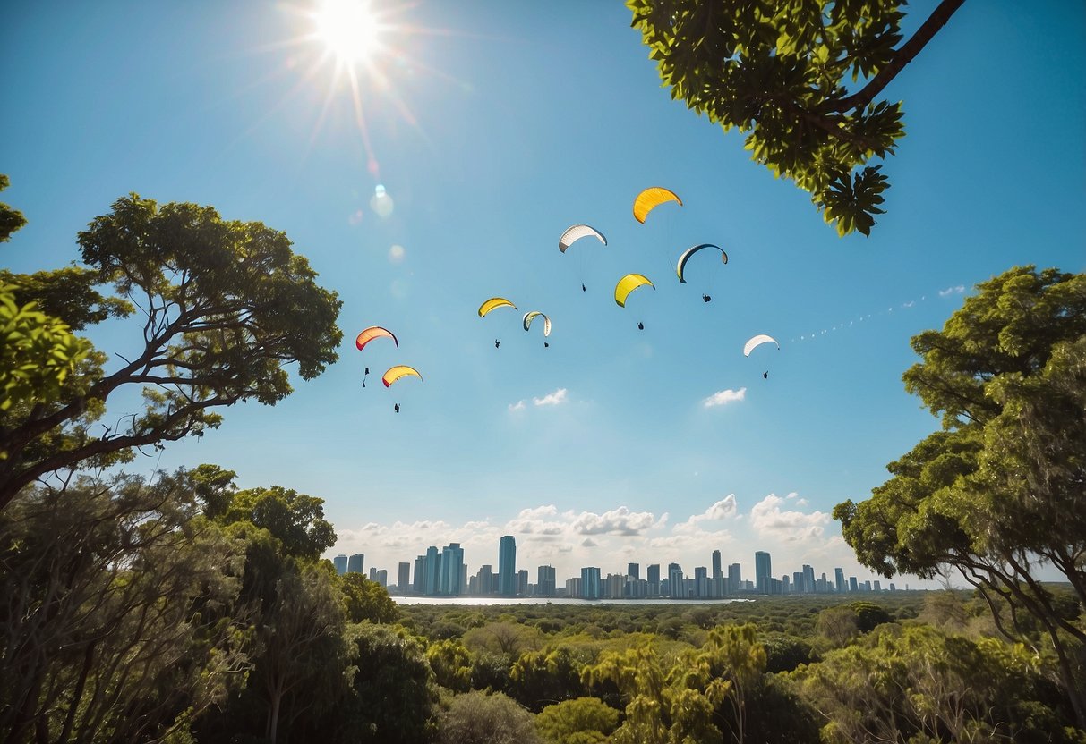 A sunny day at Cervantes Park, kites soar against a clear blue sky, framed by lush green trees and the Miami skyline in the distance