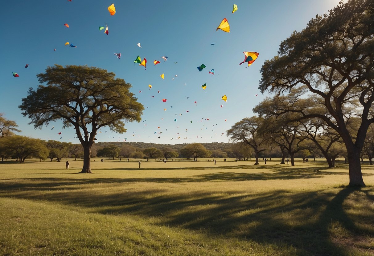 The wide open grassy fields of Zilker Metropolitan Park in Austin, Texas, with colorful kites soaring high against the backdrop of a clear blue sky