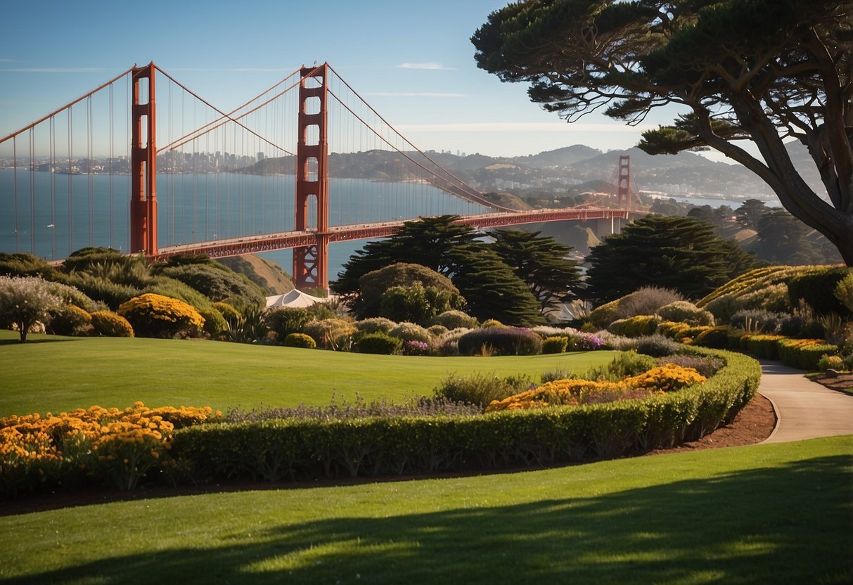 Golden Gate Park, San Francisco: A vibrant green landscape with colorful kites soaring against the backdrop of the iconic Golden Gate Bridge