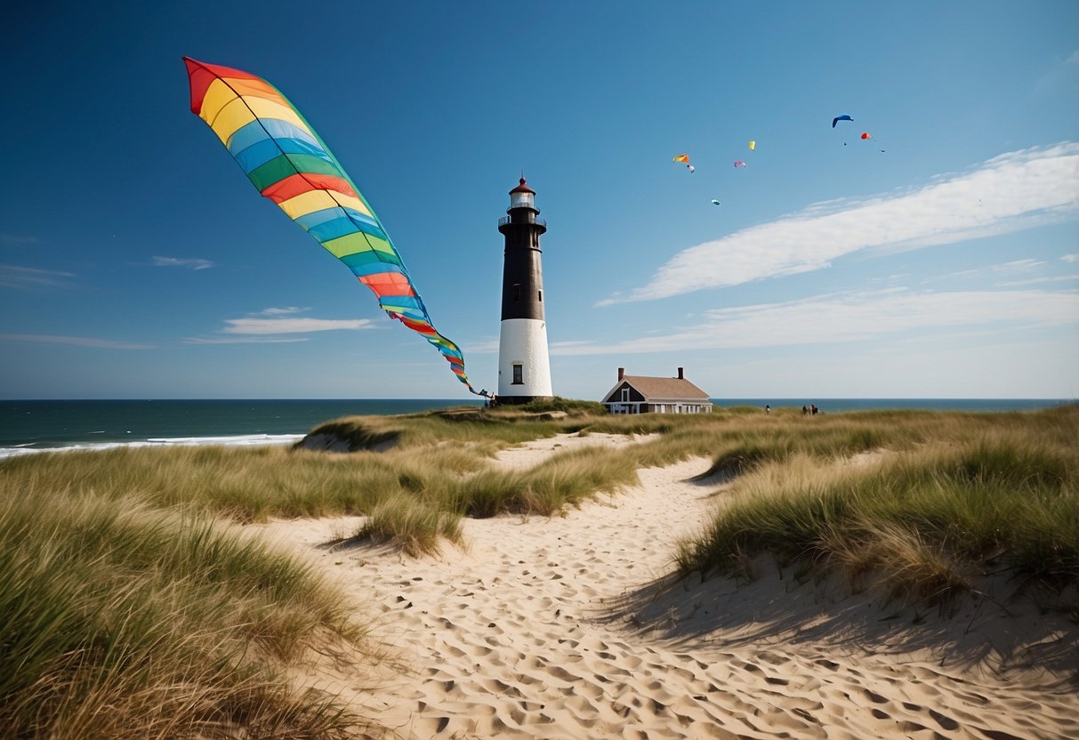 A wide sandy beach with grassy dunes, a lighthouse, and colorful kites soaring in the clear blue sky at Montauk Point State Park, New York