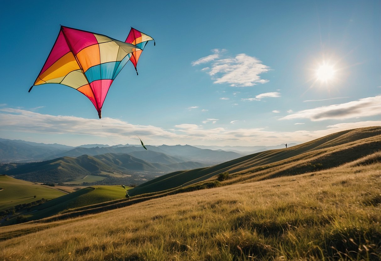 Clear blue skies, gentle breeze, and open fields. Mountains or beaches in the background. Vibrant kites soaring high