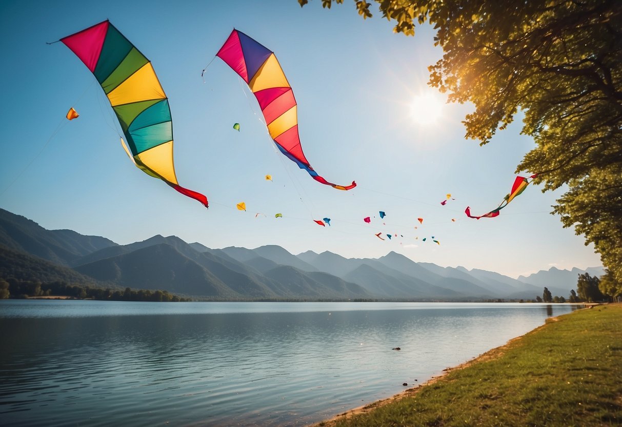 A beach with colorful kites flying high in the sky, while others soar over open fields and mountains in the distance. A serene lake reflects the kites as they dance in the breeze