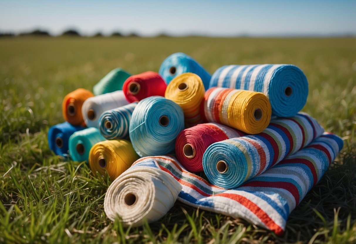 A colorful assortment of kites, spools of string, and picnic blankets spread out on a grassy field with a clear blue sky and a gentle breeze