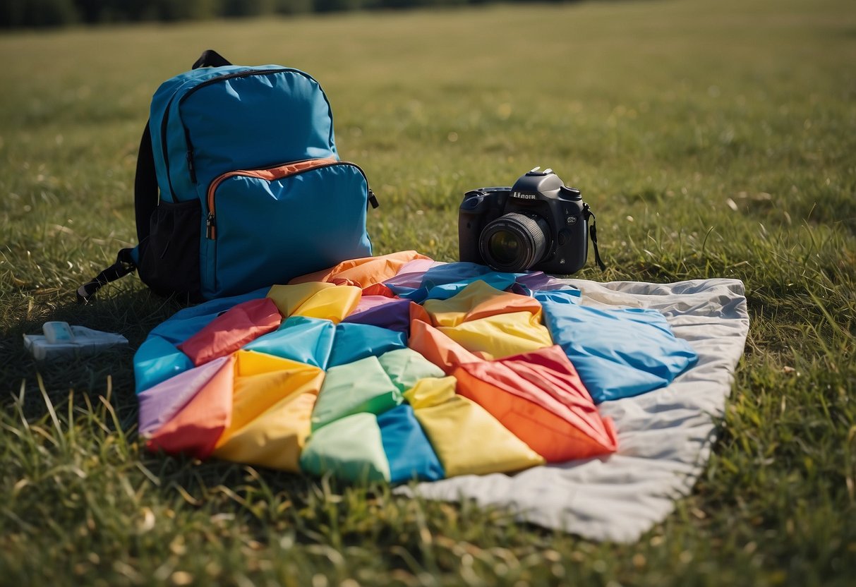 A colorful kite and spool of string laid out on a grassy field. A map, sunscreen, and water bottle nearby. A backpack filled with snacks and a camera. Blue skies and a gentle breeze in the background