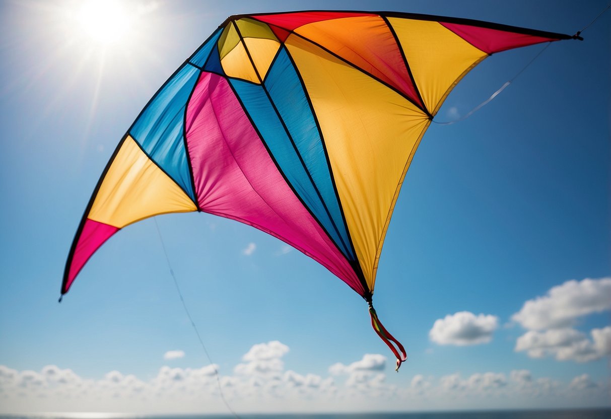 A colorful kite soars high against a clear blue sky, its lightweight and durable frame catching the wind effortlessly