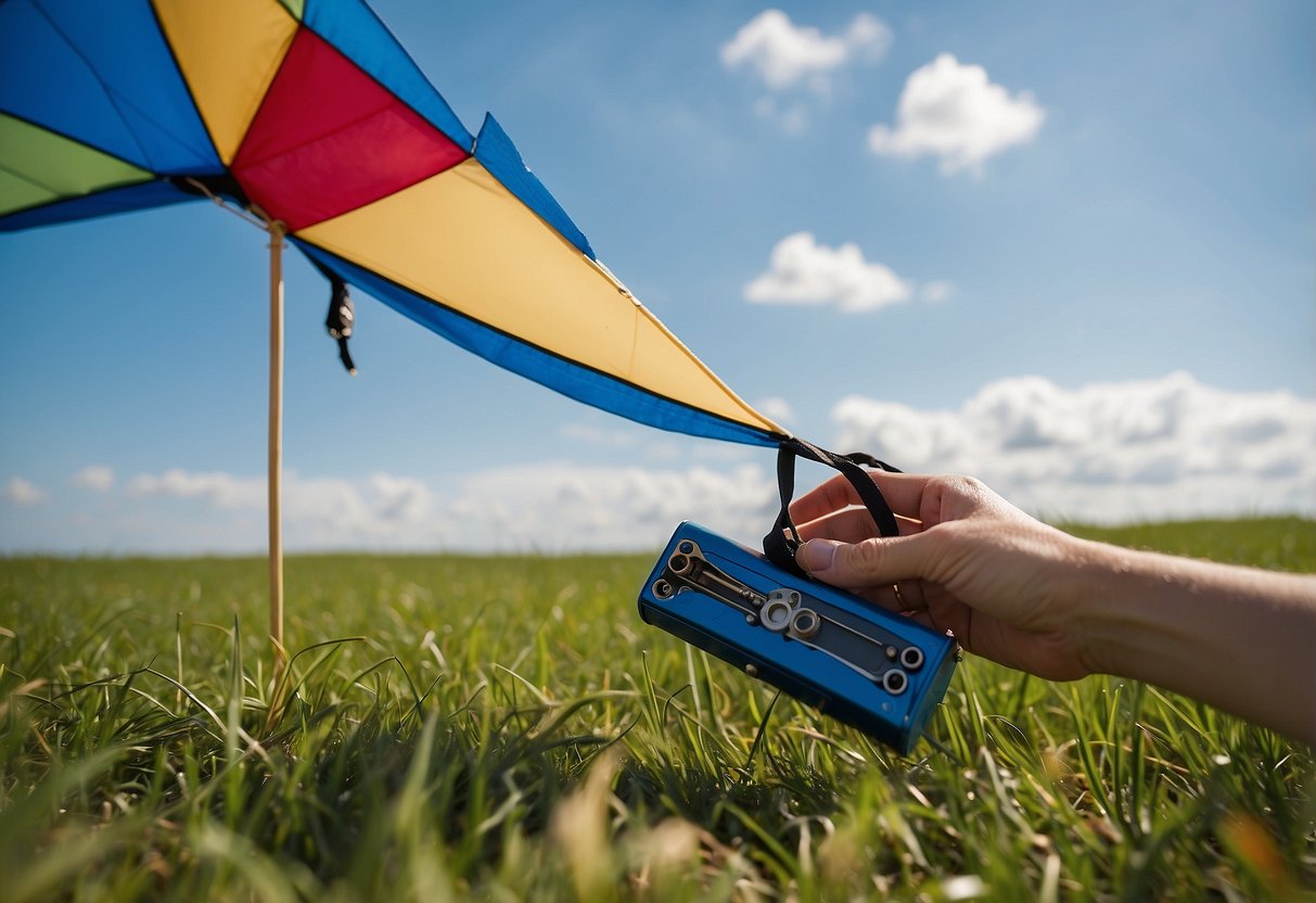 A hand reaches for a portable repair kit next to a colorful kite. Blue sky and green grass in the background