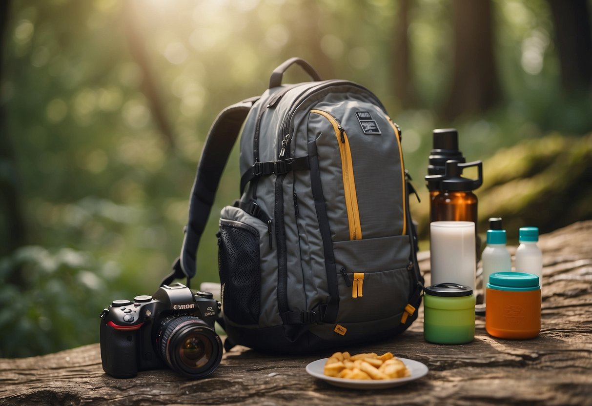 A reliable travel backpack sits open, packed with kite-flying gear. Maps, snacks, and sunscreen are neatly organized inside. The backpack is ready for a long-distance adventure