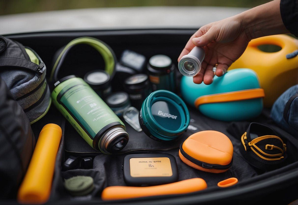 A person packing sunscreen and kite gear for a long-distance trip