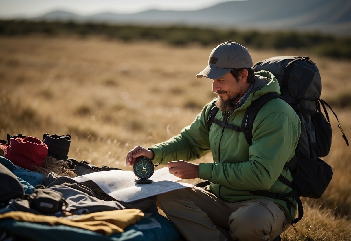 A kite flyer packs a compass, map, and GPS into a backpack. They study wind patterns and weather forecasts, and carefully select the best location for their long-distance kite flying adventure