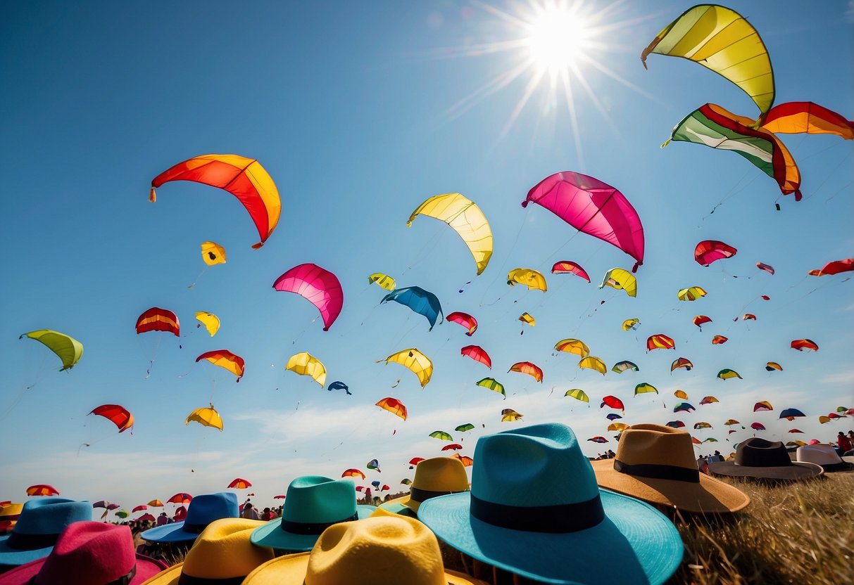 Colorful hats flying in the sky, attached to kites. Bright sun and clear blue sky in the background