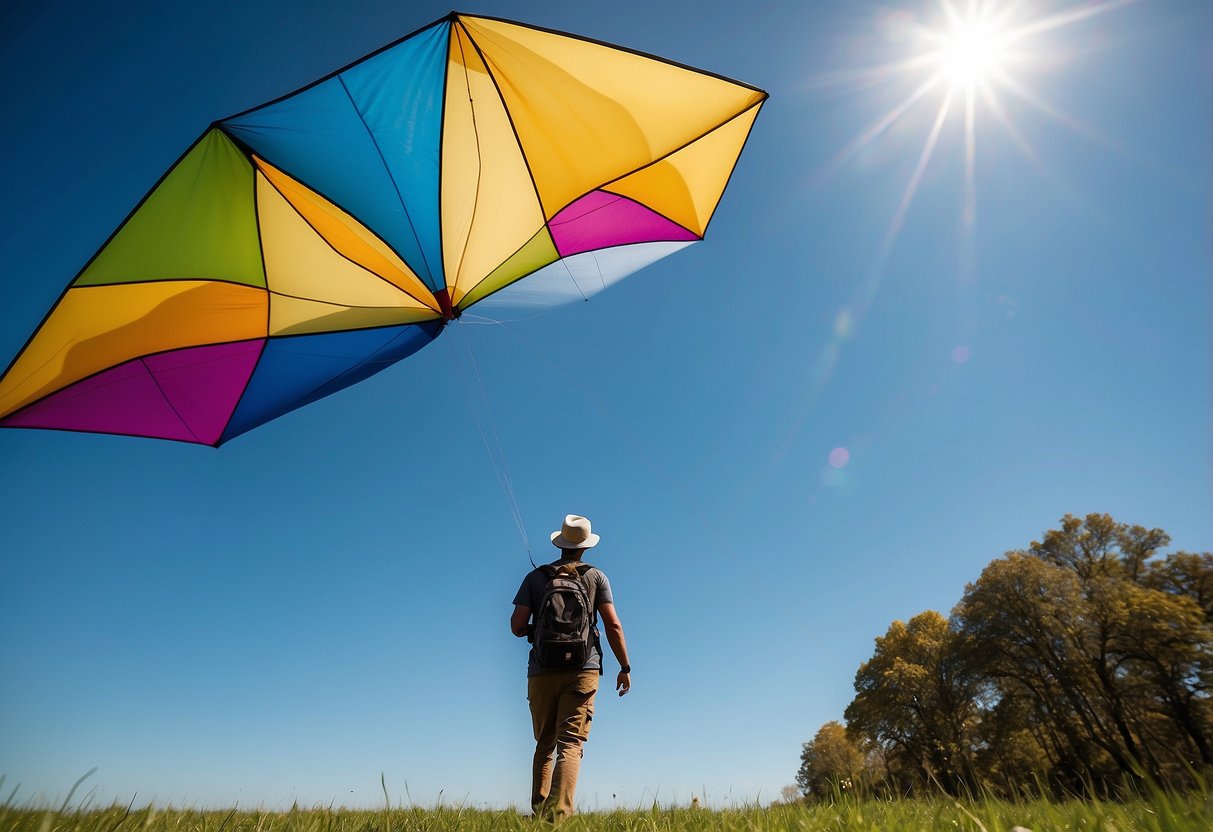 A bright, sunny day with a clear blue sky. A colorful kite flying high in the air, while a person wears the Sunday Afternoons Ultra Adventure Hat, made of lightweight material, providing shade and protection