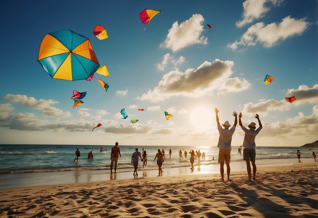 A sunny beach with colorful kites flying high in the sky, with people wearing Columbia Unisex Bora Bora Booney hats enjoying the breeze