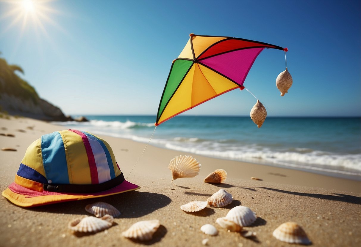A sunny beach with a colorful kite flying high, a fisherman hat resting on the sand, surrounded by seashells and a gentle ocean breeze