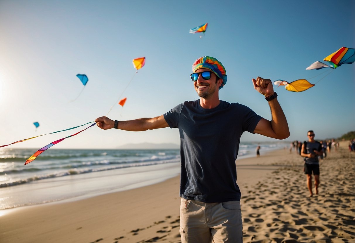 A sunny beach with colorful kites flying high. A person wearing a Fly Racing Barricade Hat, holding a lightweight kite, with a clear blue sky in the background