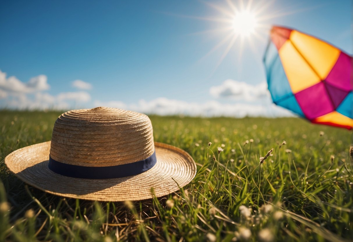 A sun hat rests on a grassy field, with a colorful kite flying in the background against a bright blue sky