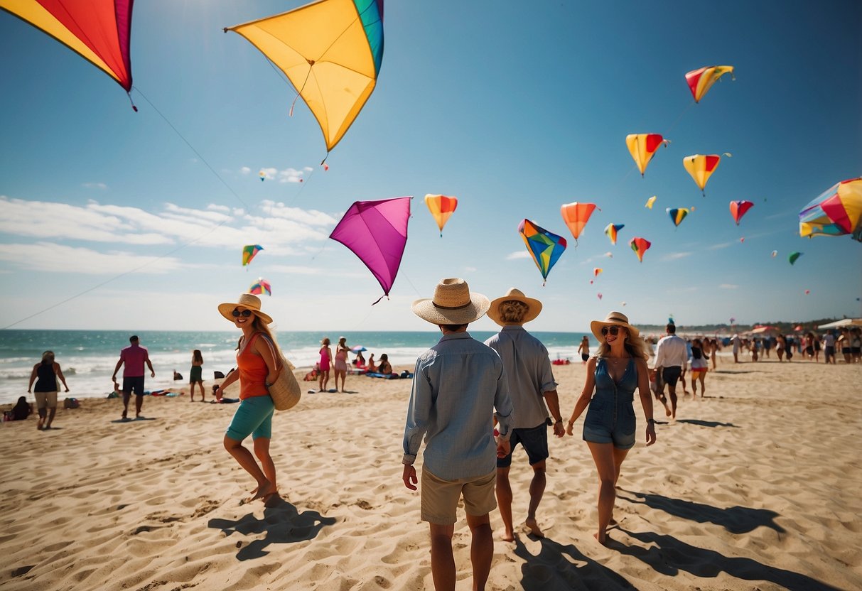 A sunny day at the beach, with colorful kites soaring in the sky. People wearing lightweight hats to shield their faces from the sun