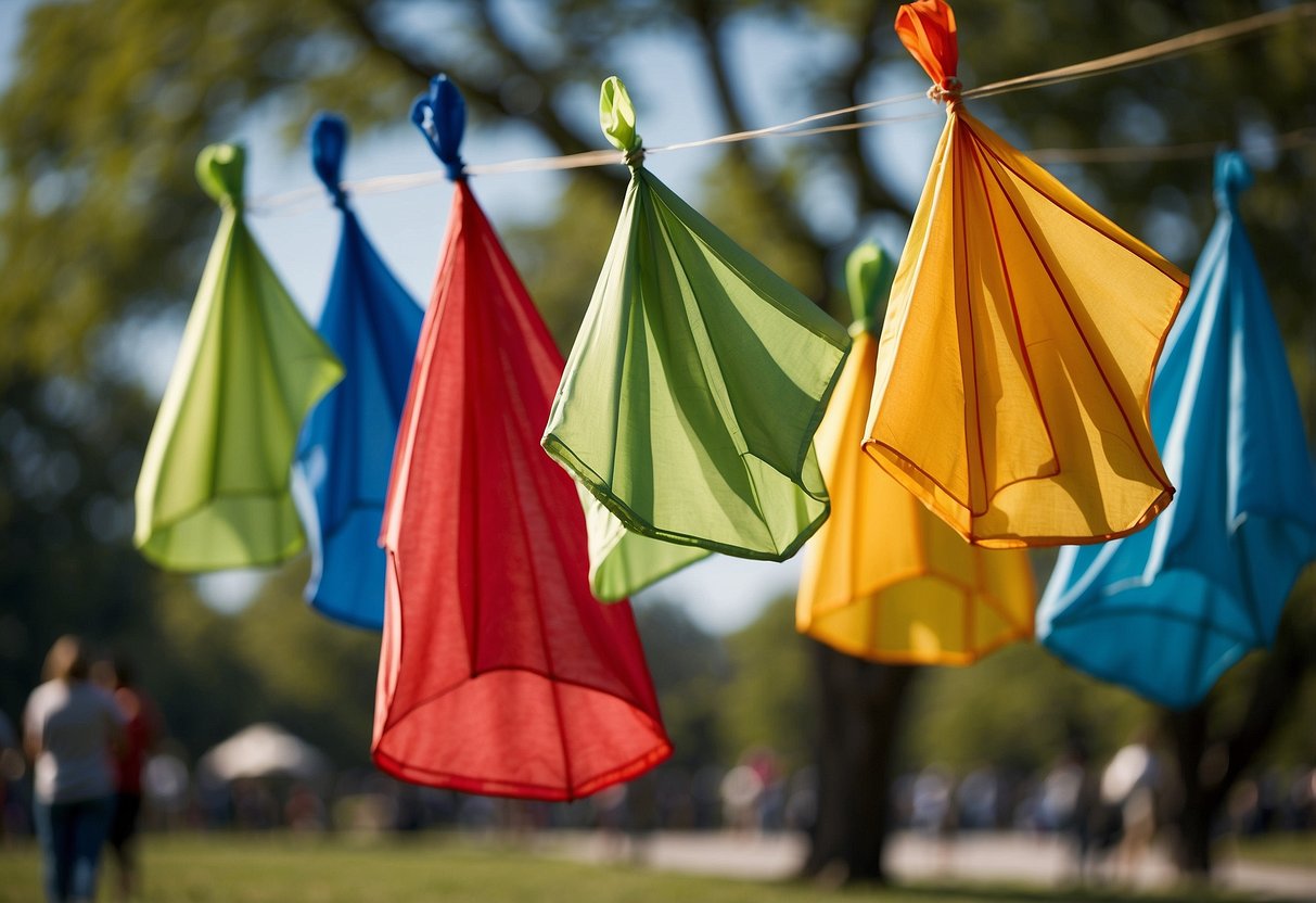 A sunny day at the park with colorful kites flying overhead. A table displaying five lightweight kite flying hats, with features like UV protection and adjustable straps