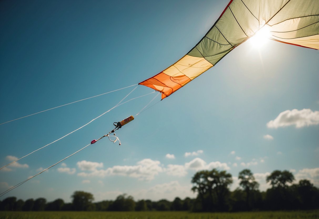 A kite flying high in the sky, with a water purifier attached to the string. The purifier is filtering water from a nearby source, providing clean water for drinking