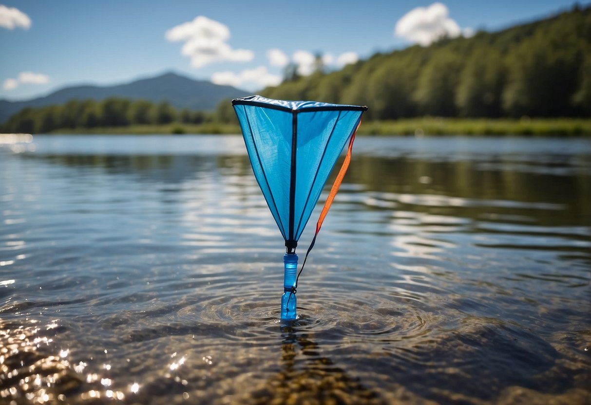 A kite flying high in the sky, with a LifeStraw water filter attached to the string. The filter is surrounded by various sources of water, such as a river, lake, and puddle, showcasing its versatility