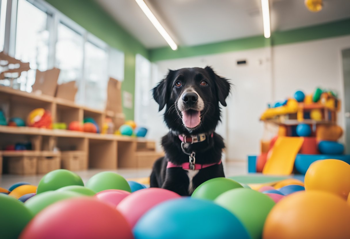 A happy dog being dropped off at a clean and friendly daycare facility with colorful toys and a cozy resting area